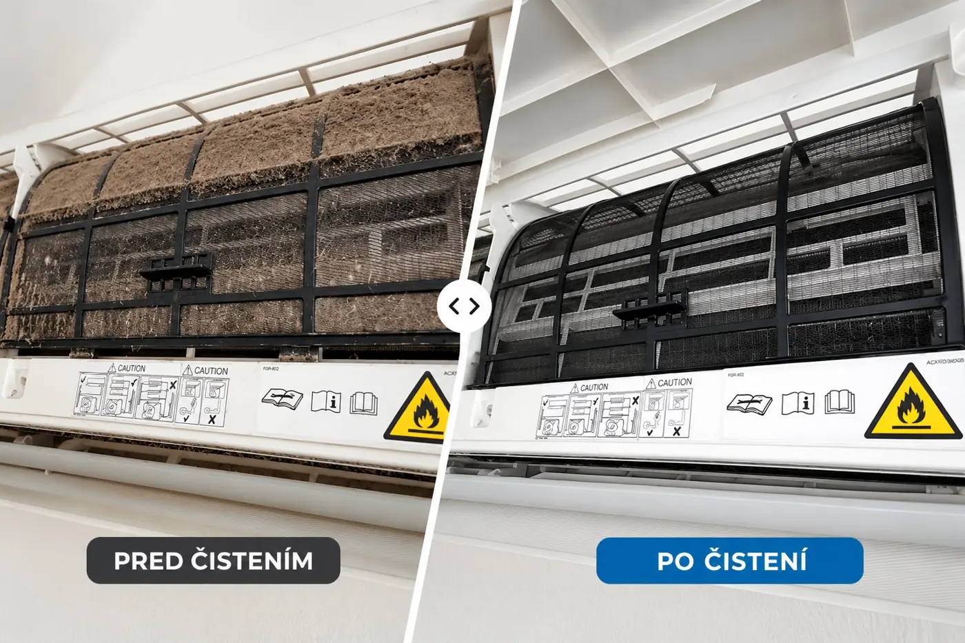 Klimatizácia pred čistením a po čistení – zanesený filter a vyčistená jednotka